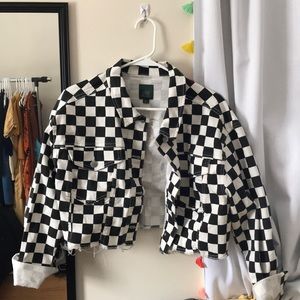 Cropped checkered jean jacket